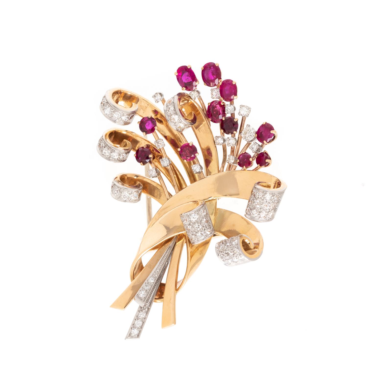 RETRO, DIAMOND AND RUBY BROOCH