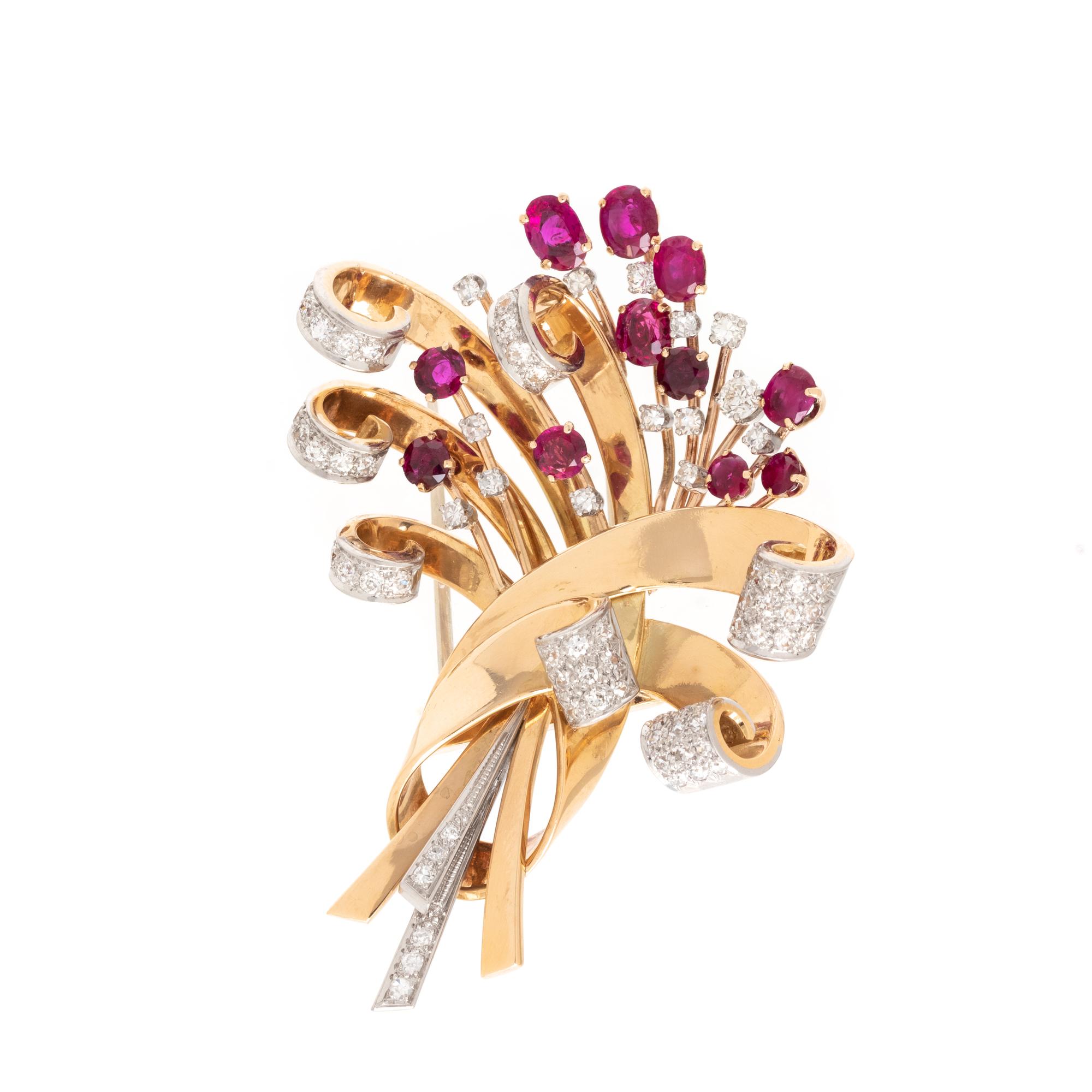 RETRO, DIAMOND AND RUBY BROOCH