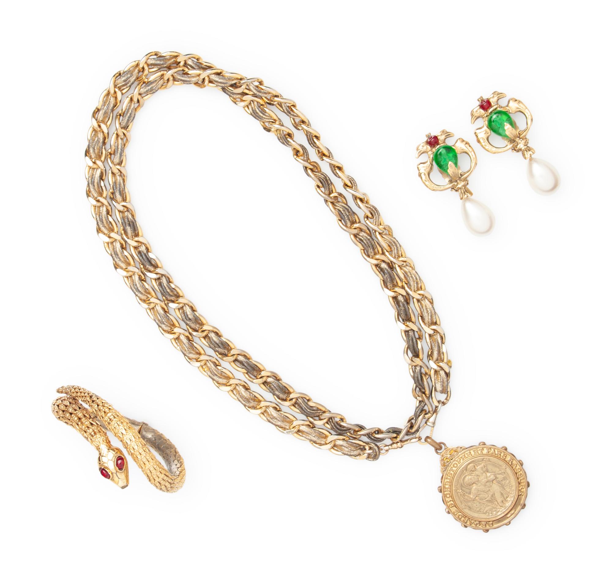 Three Chanel Jewelry Pieces: Earrings and Cuff by Robert Goossens and Pendant Necklace, 1954-74