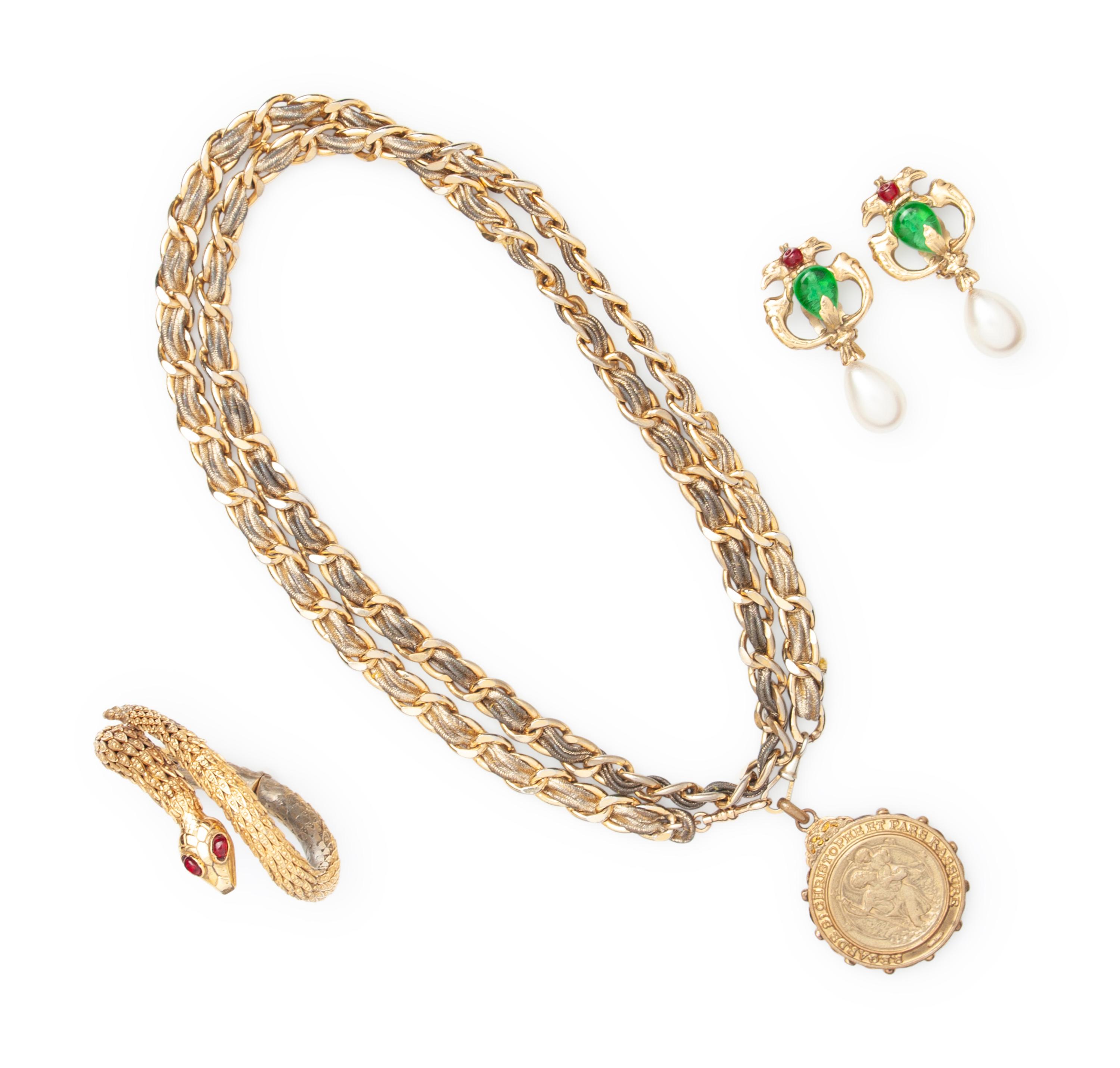 Three Chanel Jewelry Pieces: Earrings and Cuff by Robert Goossens and Pendant Necklace, 1954-74