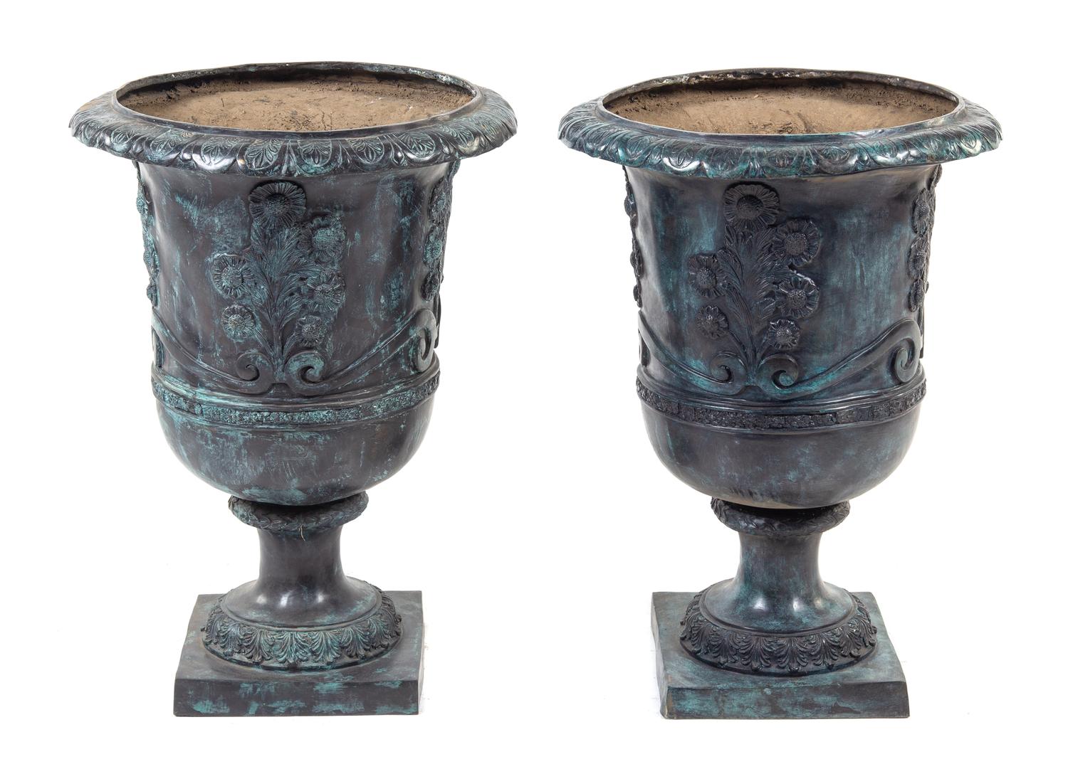A Pair of Neoclassical Style Painted Cast Iron Planters Height 28 inches. — 20TH CENTURY