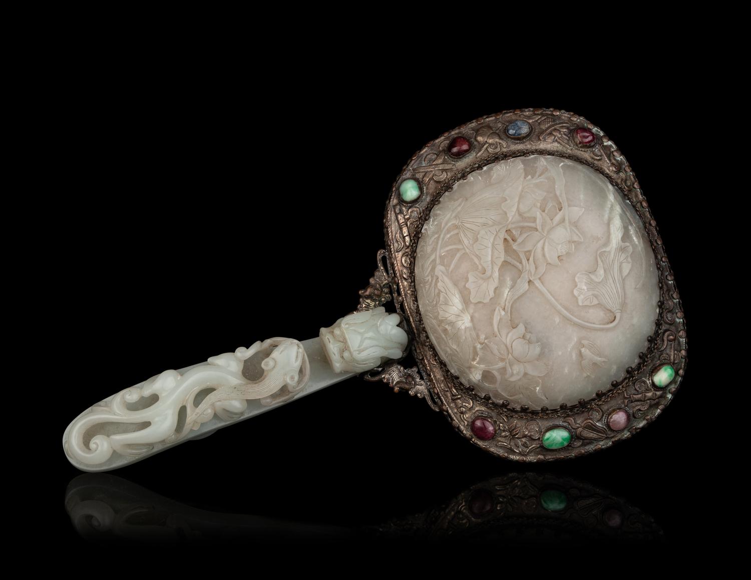 A Chinese Celadon and White Jade-Mounted Silver Hand Mirror