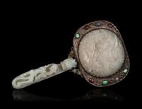 A Chinese Celadon and White Jade-Mounted Silver Hand Mirror