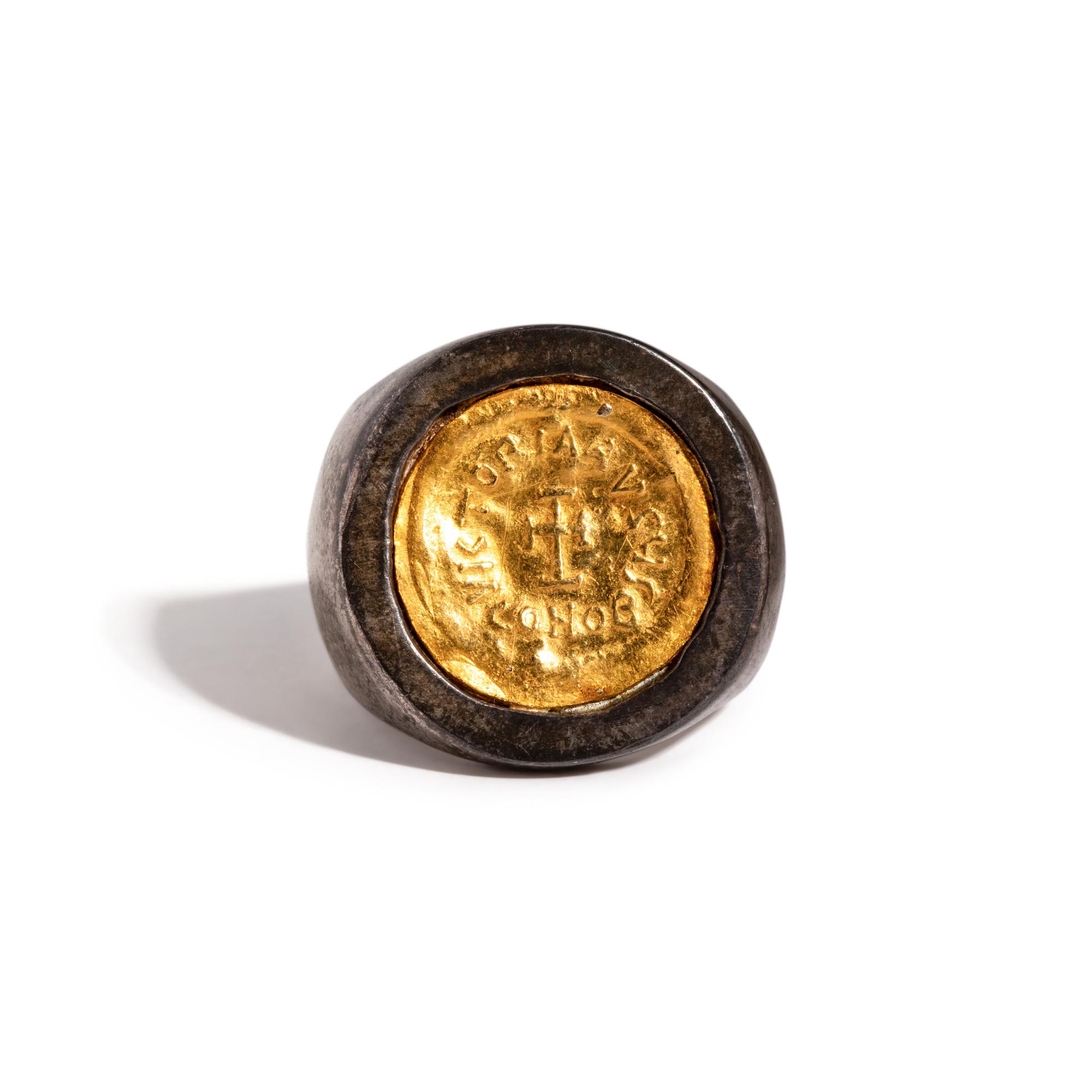 A Byzantine Gold Semissis with Cross Potent — Set in a silver ring