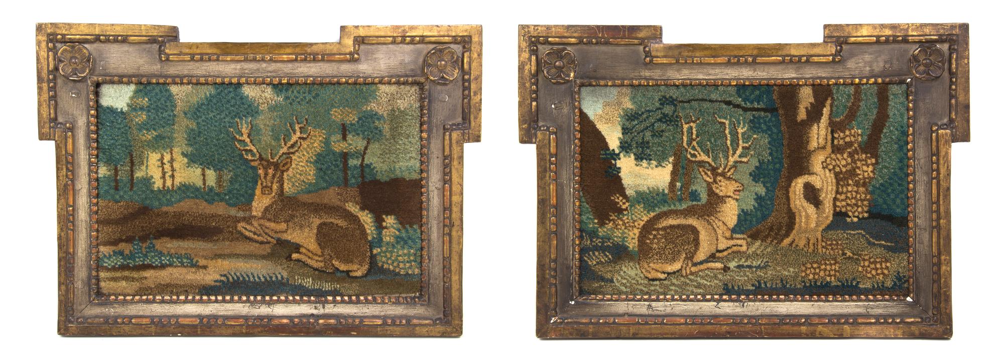 A Pair of Stumpwork Panels, Height 10 1/4 x width 15 1/2 inches.