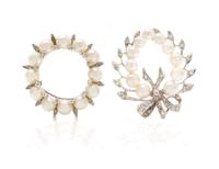 A Collection of 14 Karat White Gold, Diamond and Pearl Brooches, 13.70 dwts.