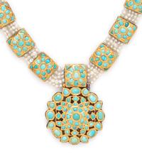 CULTURED PEARL, TURQUOISE AND ENAMEL NECKLACE