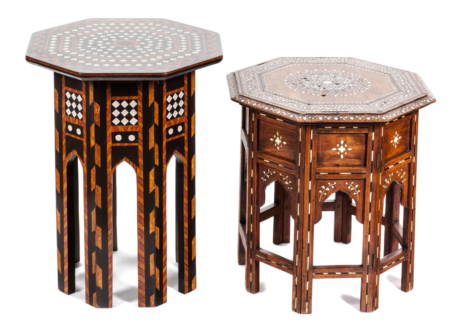 Two North African Hardwood and Bone-Inlaid Occasional Tables Height of tallest 16 1/2 inches.