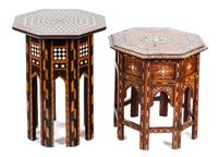 Two North African Hardwood and Bone-Inlaid Occasional Tables Height of tallest 16 1/2 inches.