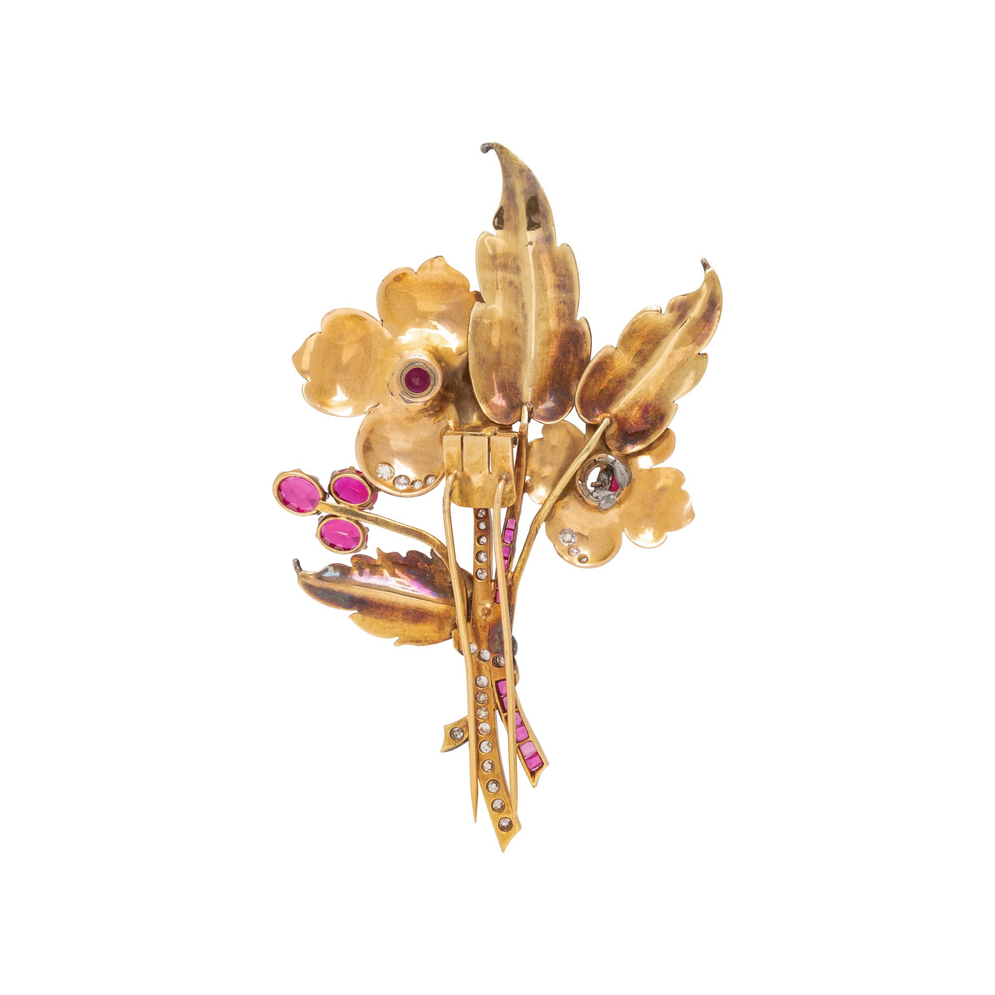 YELLOW GOLD, SYNTHETIC RUBY AND DIAMOND FLOWER BROOCH