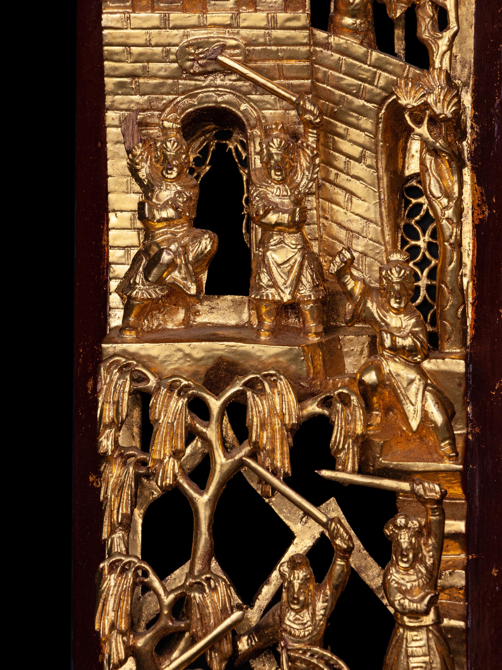 A Pair of Chinese Gilt and Red Lacquered Wood Panels