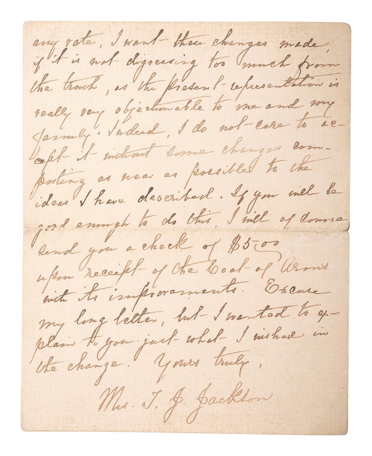 [CIVIL WAR]. 4-page letter from Mary Anna Morrison Jackson, second wife and widow of General Thomas J. "Stonewall" Jackson, regarding a copy of the Morrison coat of arms. Charlotte, NC. 30 October 1912.