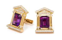 A Pair of Yellow Gold, Amethyst and Diamond Cufflinks, Marshall, 23.40 dwts.