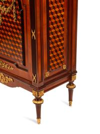 A Pair of Louis XVI Style Gilt Bronze Mounted Parquetry Marble-Top Cabinets
