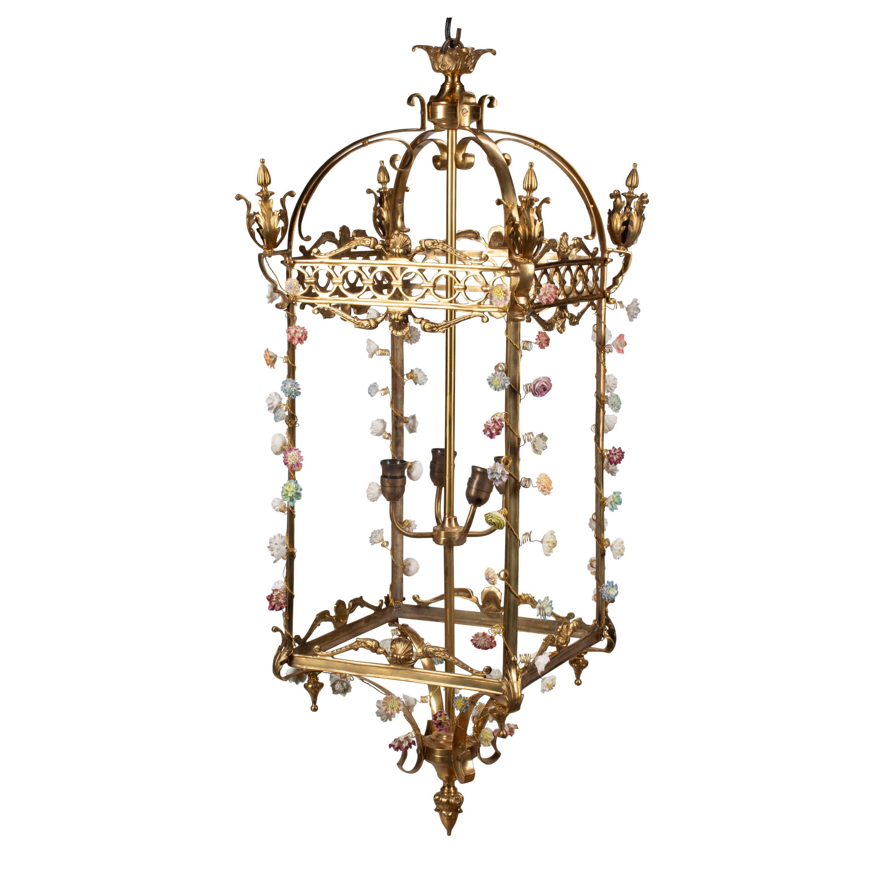 A French Neoclassical Style Gilt Bronze and Porcelain Hall Lantern