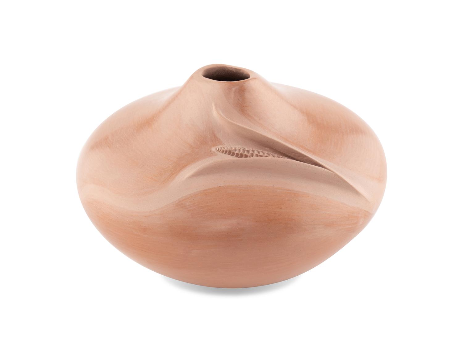 Buff Pottery Vessel, with Corn Relief