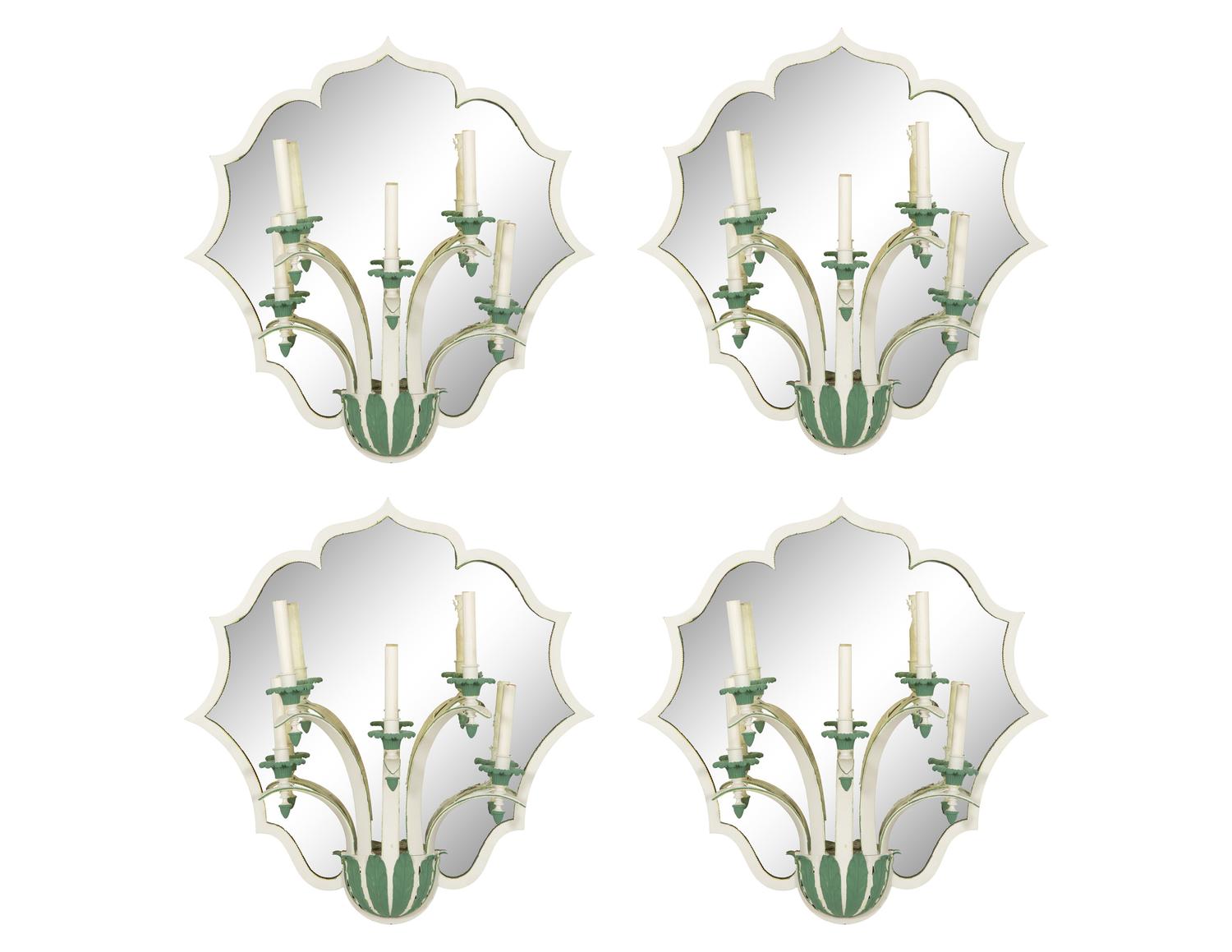 A Set of Four Green and White Painted Five-Light Girandole Mirrors