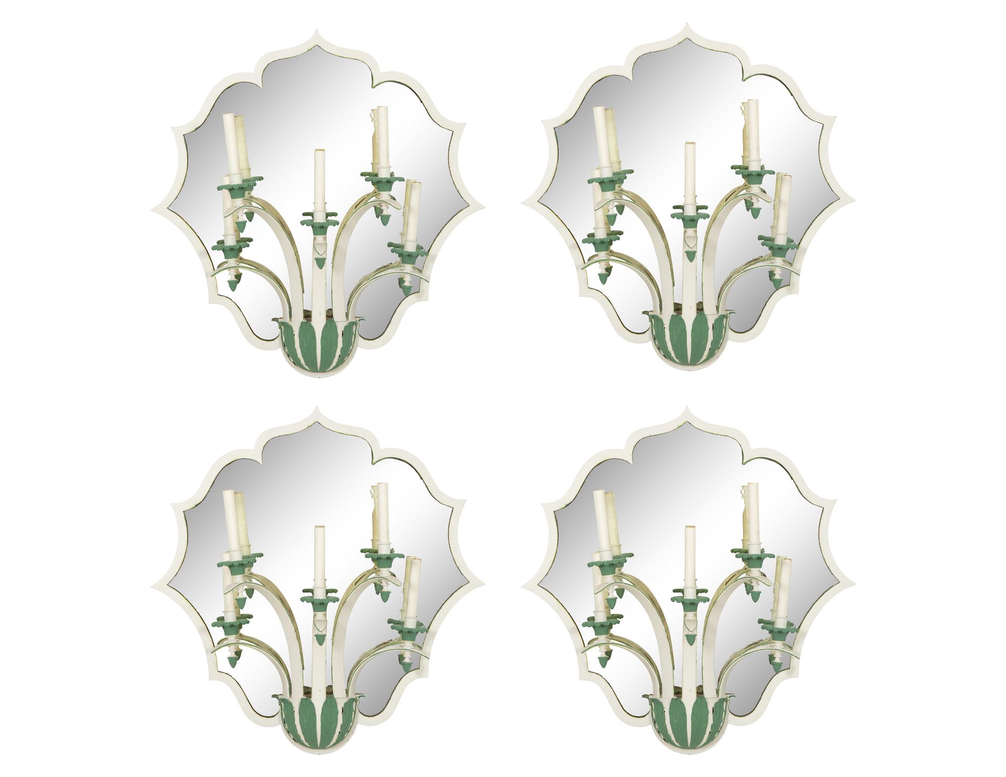 A Set of Four Green and White Painted Five-Light Girandole Mirrors
