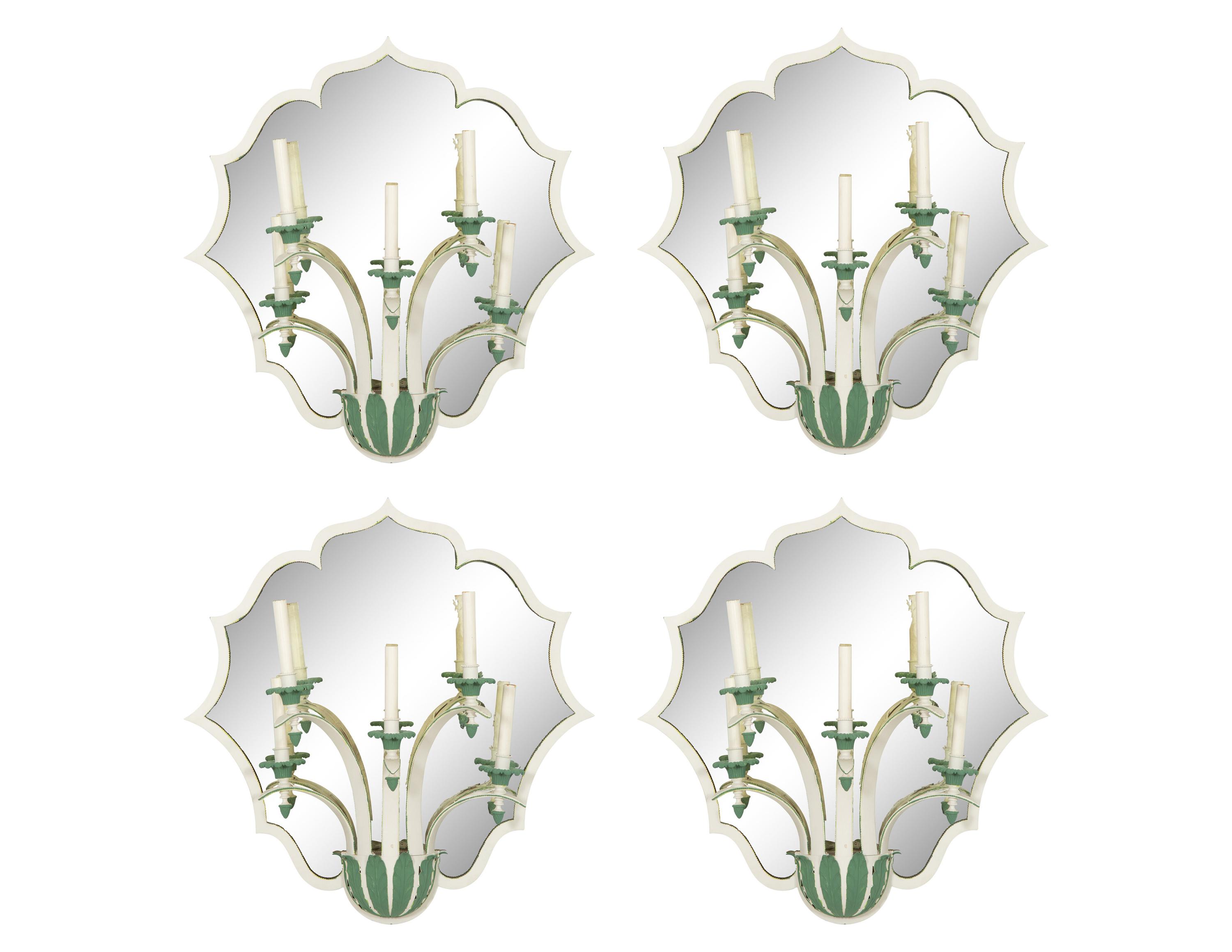 A Set of Four Green and White Painted Five-Light Girandole Mirrors