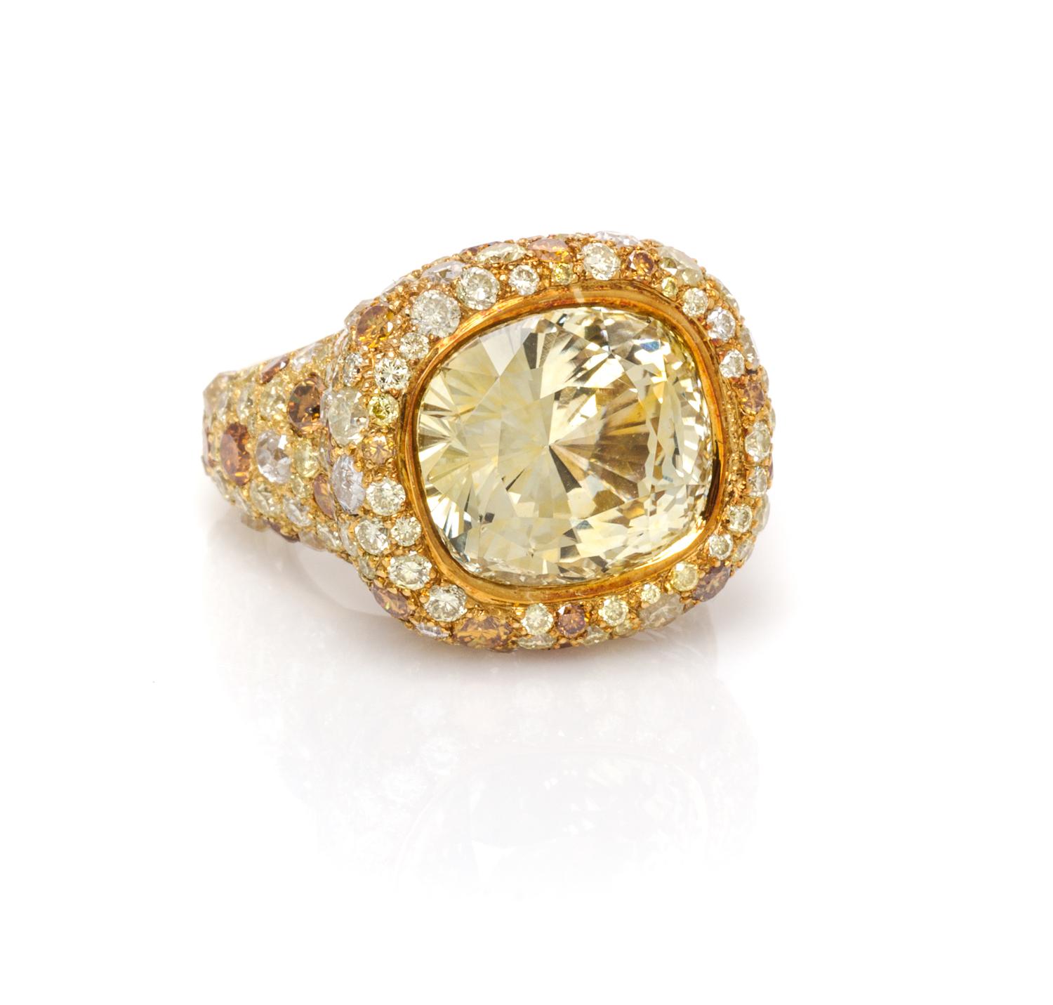 An 18 Karat Yellow Gold, Yellow Sapphire, Colored Diamond and Diamond Ring, N. Varney, 10.00 dwts.