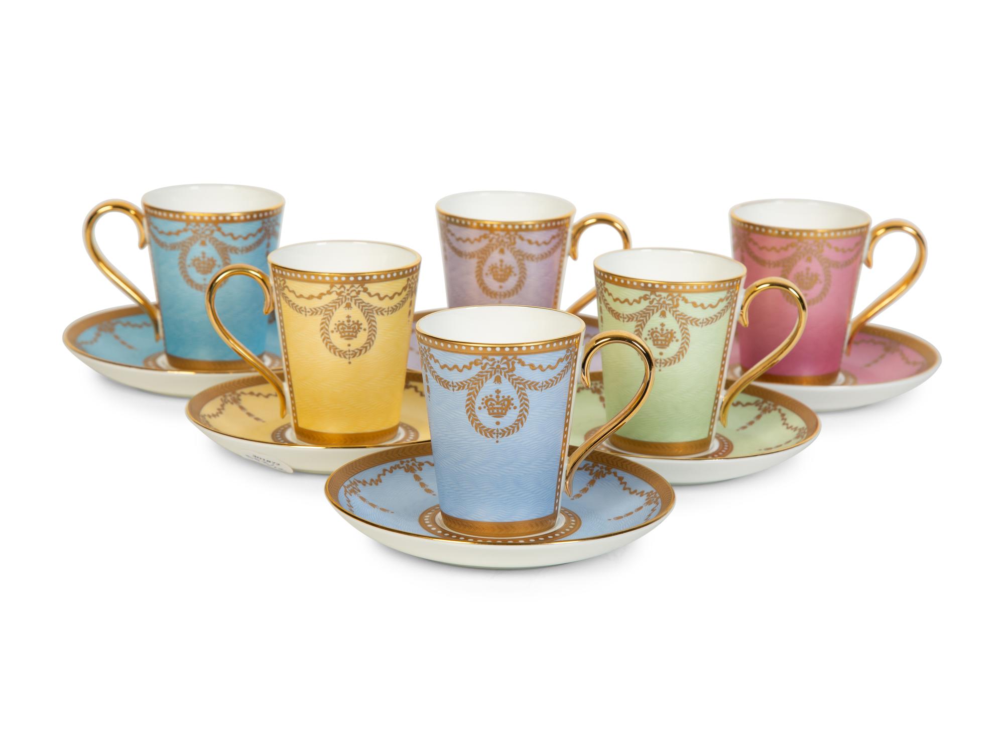 Nine English Porcelain Luncheon Plates and Five Continental Porcelain Cups with Saucers