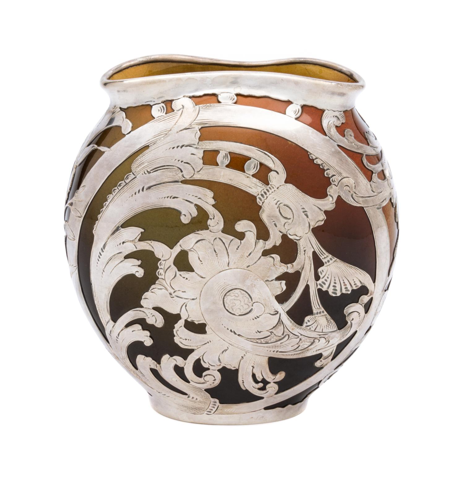 A Rookwood Silver Overlay Pottery Vessel Height 5 7/8 inches.