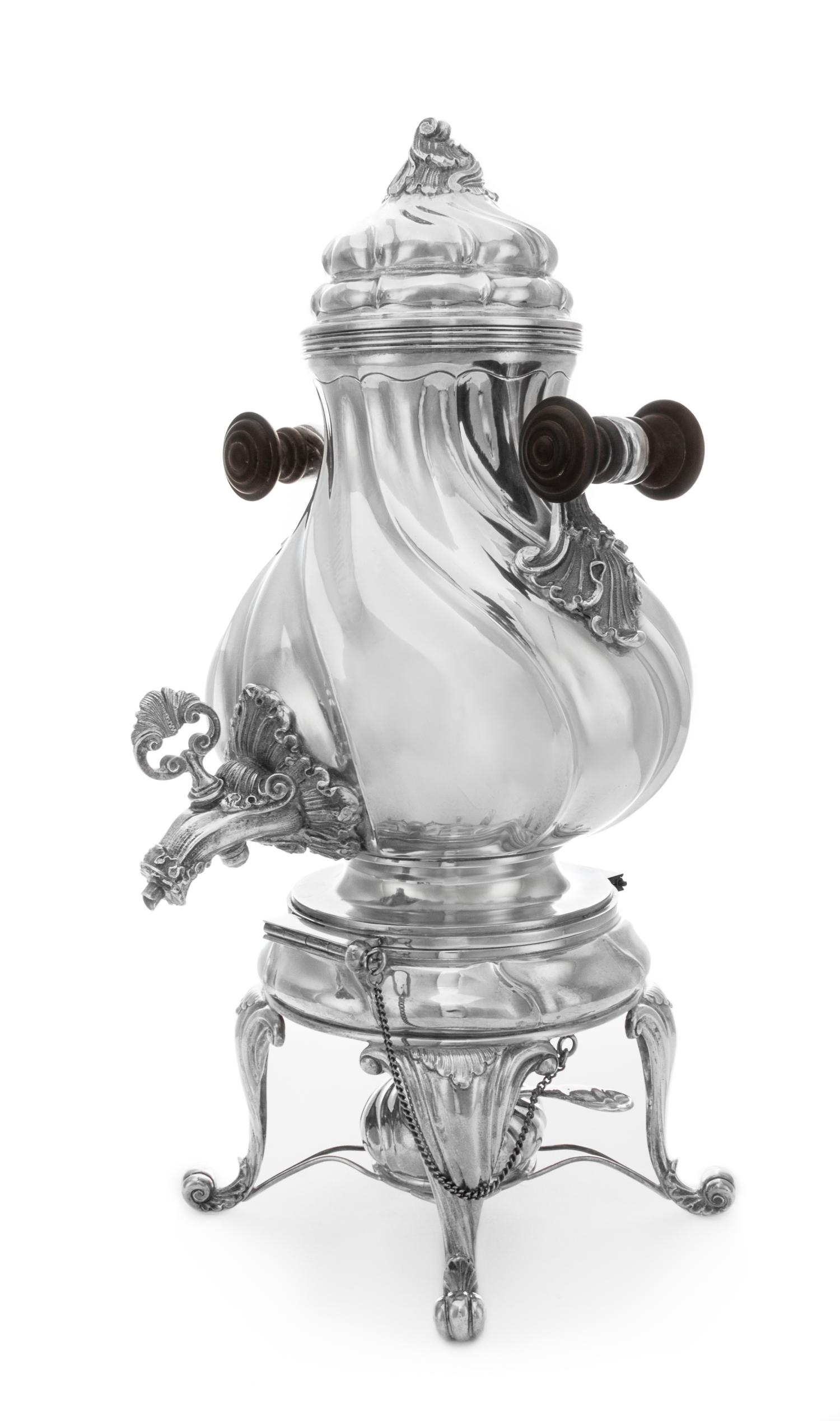 An Italian Silver Kettle on Lamp Stand, Buccellati, Milan, Second Half 20th Century, of twisted baluster form, with foliate handles hav
