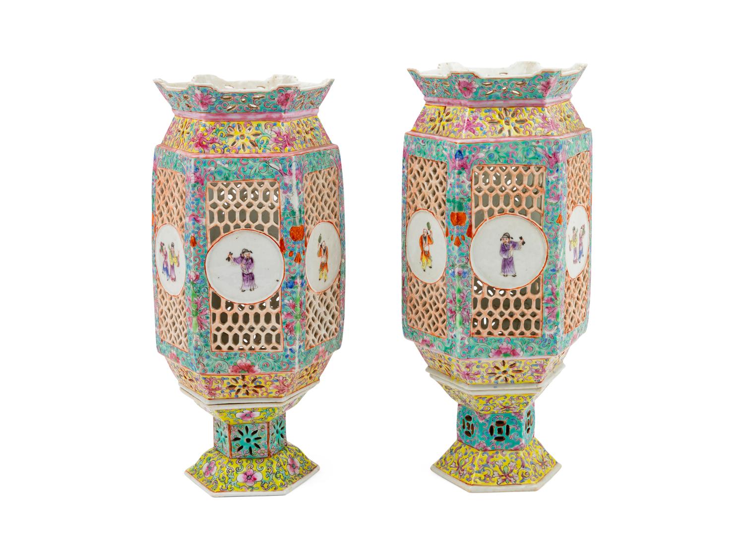 A Pair of Chinese Famille Rose Porcelain Lanterns