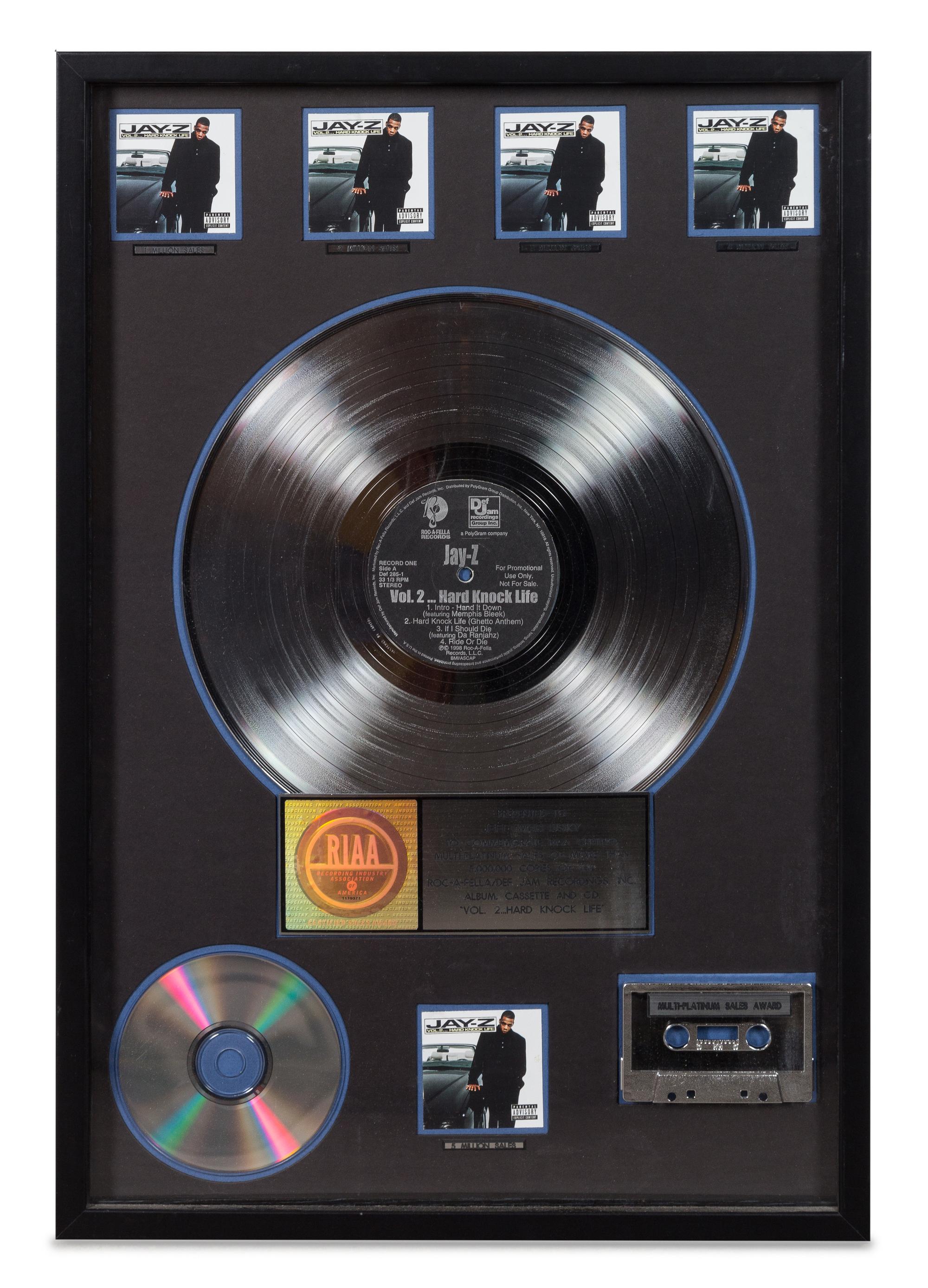 A Jay-Z: Vol 2... Hard Knock Life RIAA Certified 5x Platinum Presentation Album 24 3/4 x 16 3/4 inches.