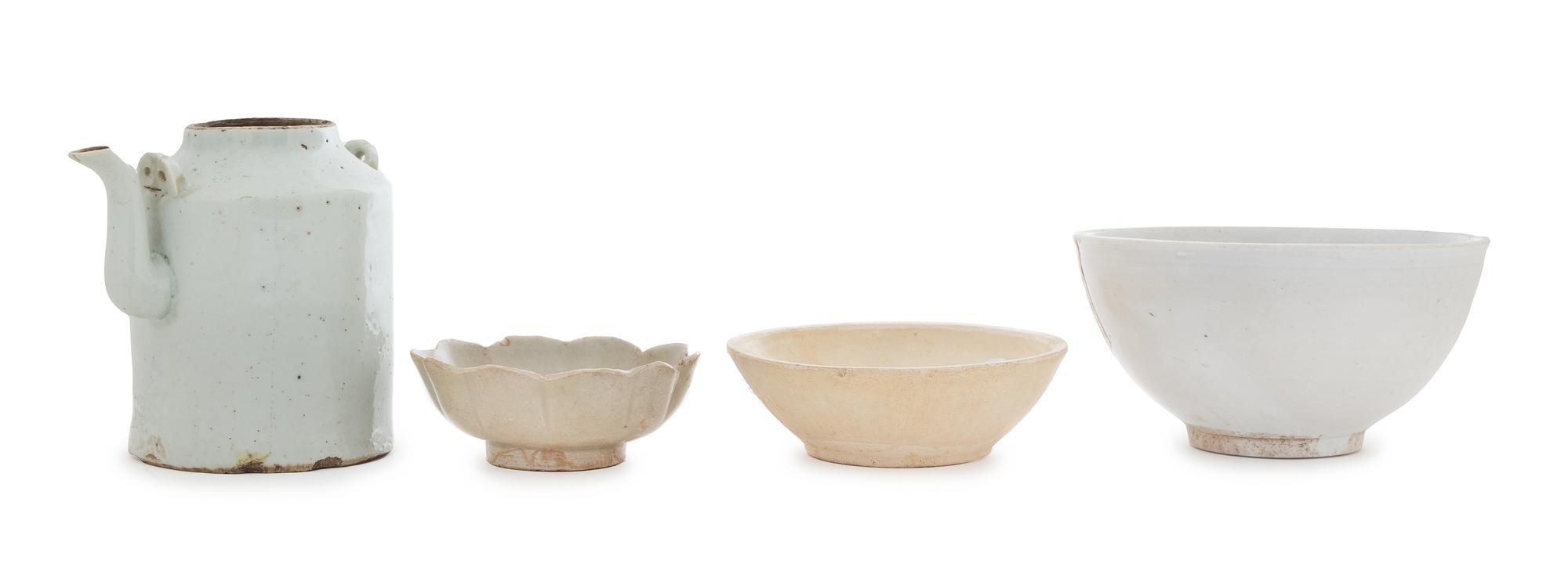 Four White Glazed Porcelain Articles Height of ewer 5 3/4 inches. — SONG-MING DYNASTY