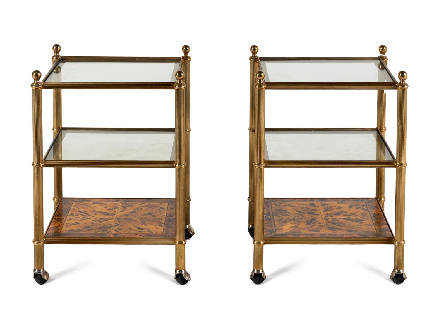 A Pair of Brass and Faux Tortoise Shell Three-Tier Side Tables