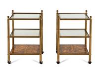 A Pair of Brass and Faux Tortoise Shell Three-Tier Side Tables