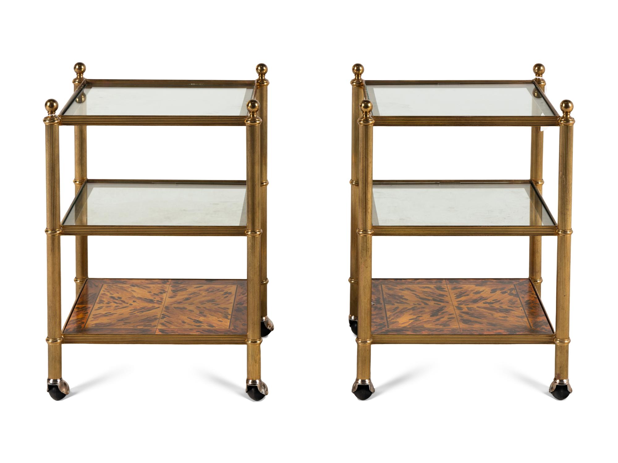 A Pair of Brass and Faux Tortoise Shell Three-Tier Side Tables