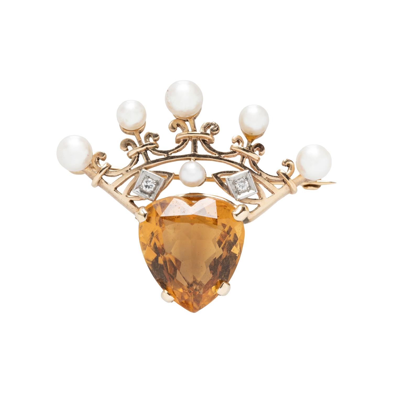 CITRINE AND CULTURED PEARL CROWN BROOCH