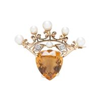 CITRINE AND CULTURED PEARL CROWN BROOCH