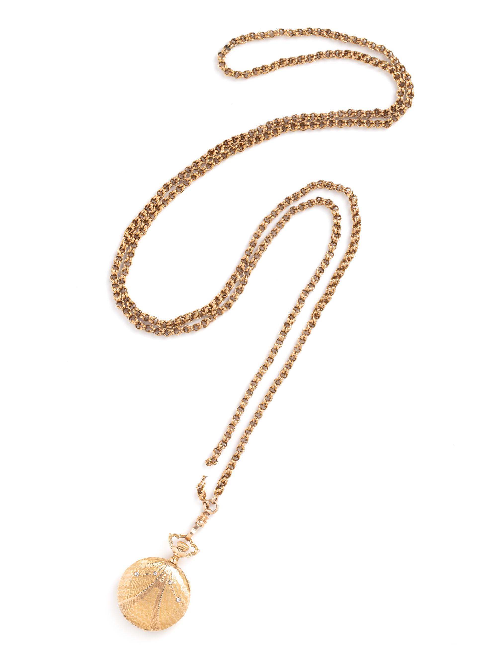 14K YELLOW GOLD AND DIAMOND HUNTER CASE POCKET WATCH AND CHAIN