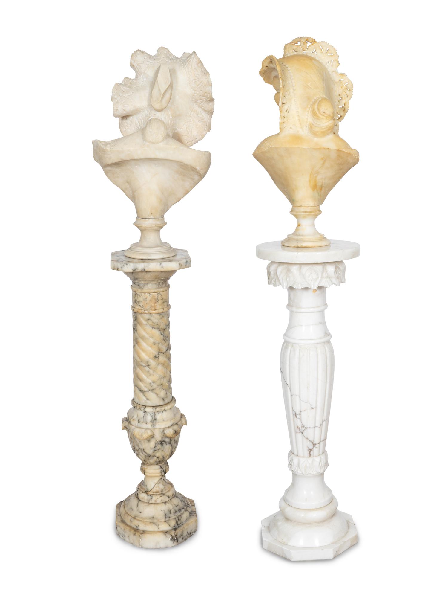 Two Italian Carved Alabaster Busts with Associated Marble Pedestals