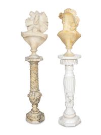 Two Italian Carved Alabaster Busts with Associated Marble Pedestals