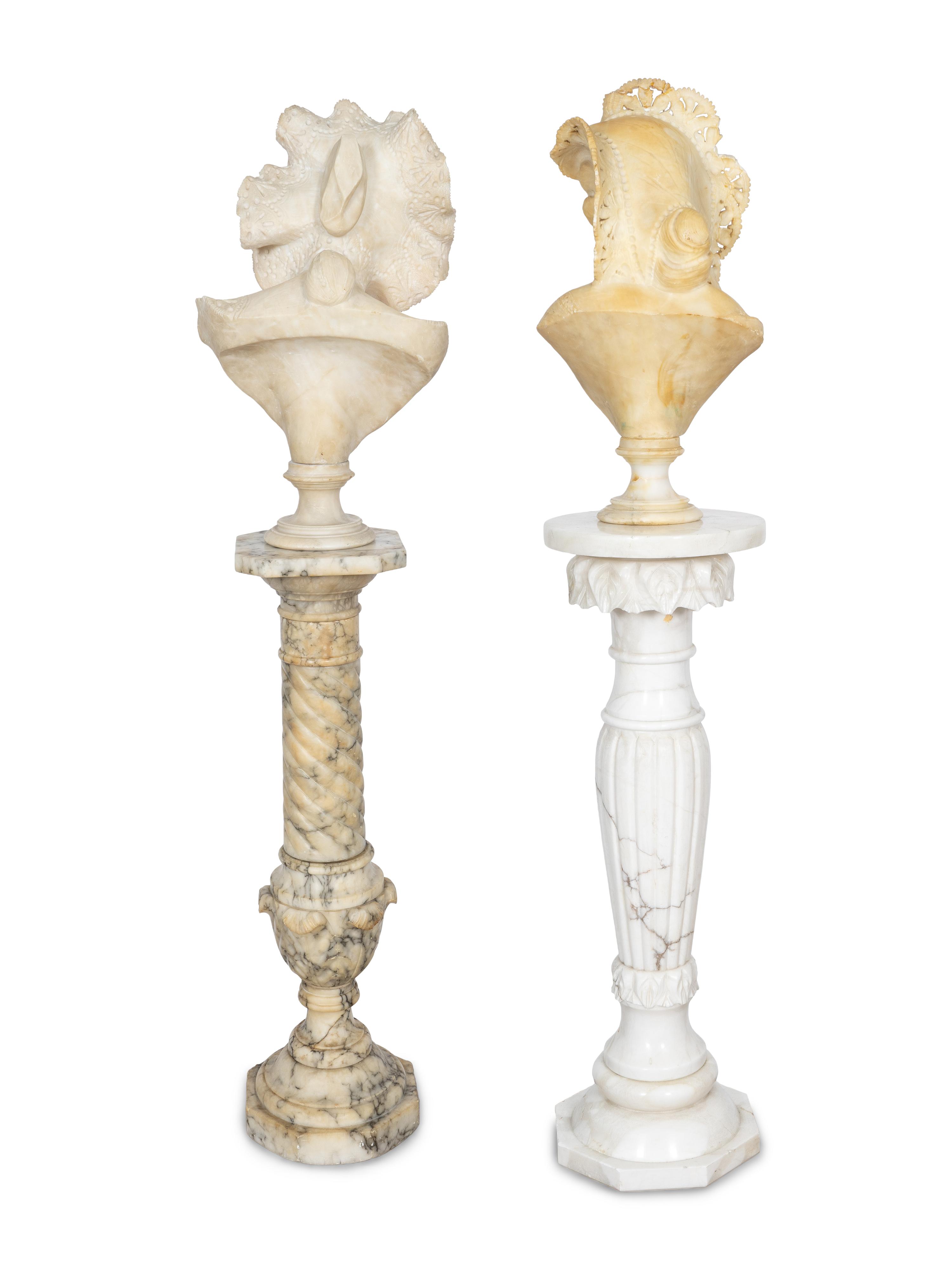 Two Italian Carved Alabaster Busts with Associated Marble Pedestals