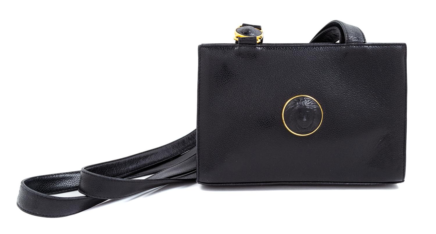 A Gianni Versace Black Leather Medusa Medallion Shoulder Bag, 6.25" H x 9.25" W x 2.75" D; Strap drop: 19.25".