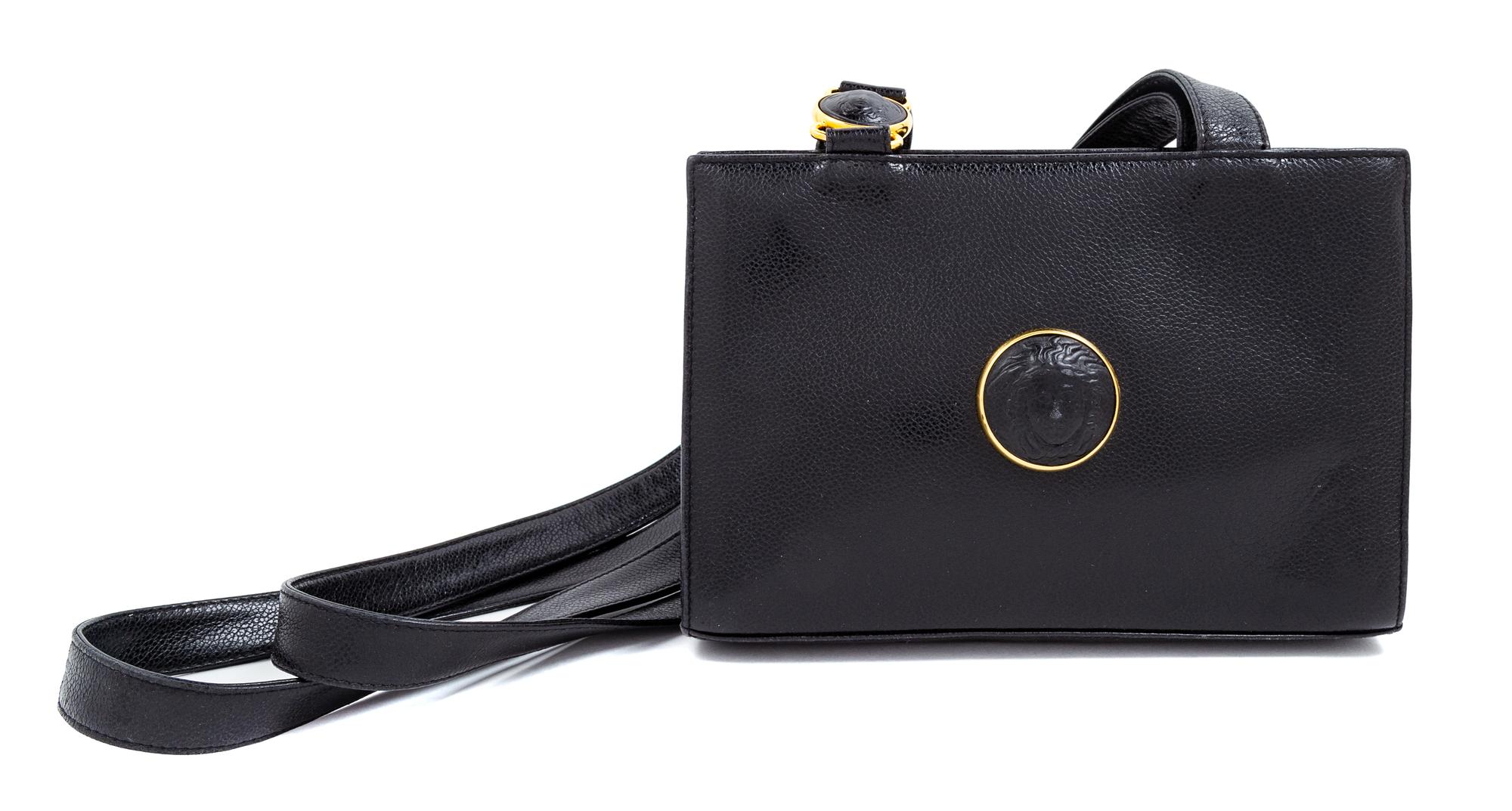 A Gianni Versace Black Leather Medusa Medallion Shoulder Bag, 6.25" H x 9.25" W x 2.75" D; Strap drop: 19.25".