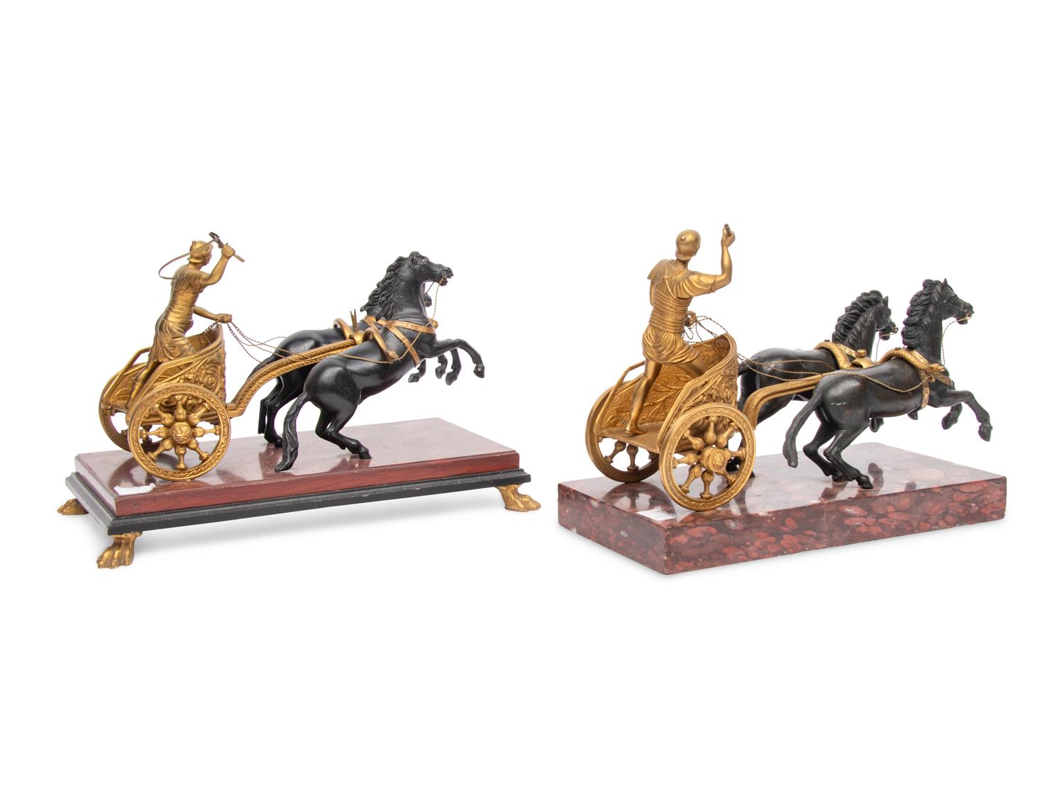 Two Gilt and Patinated Bronze Figure Groups of Roman Charioteers