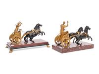Two Gilt and Patinated Bronze Figure Groups of Roman Charioteers