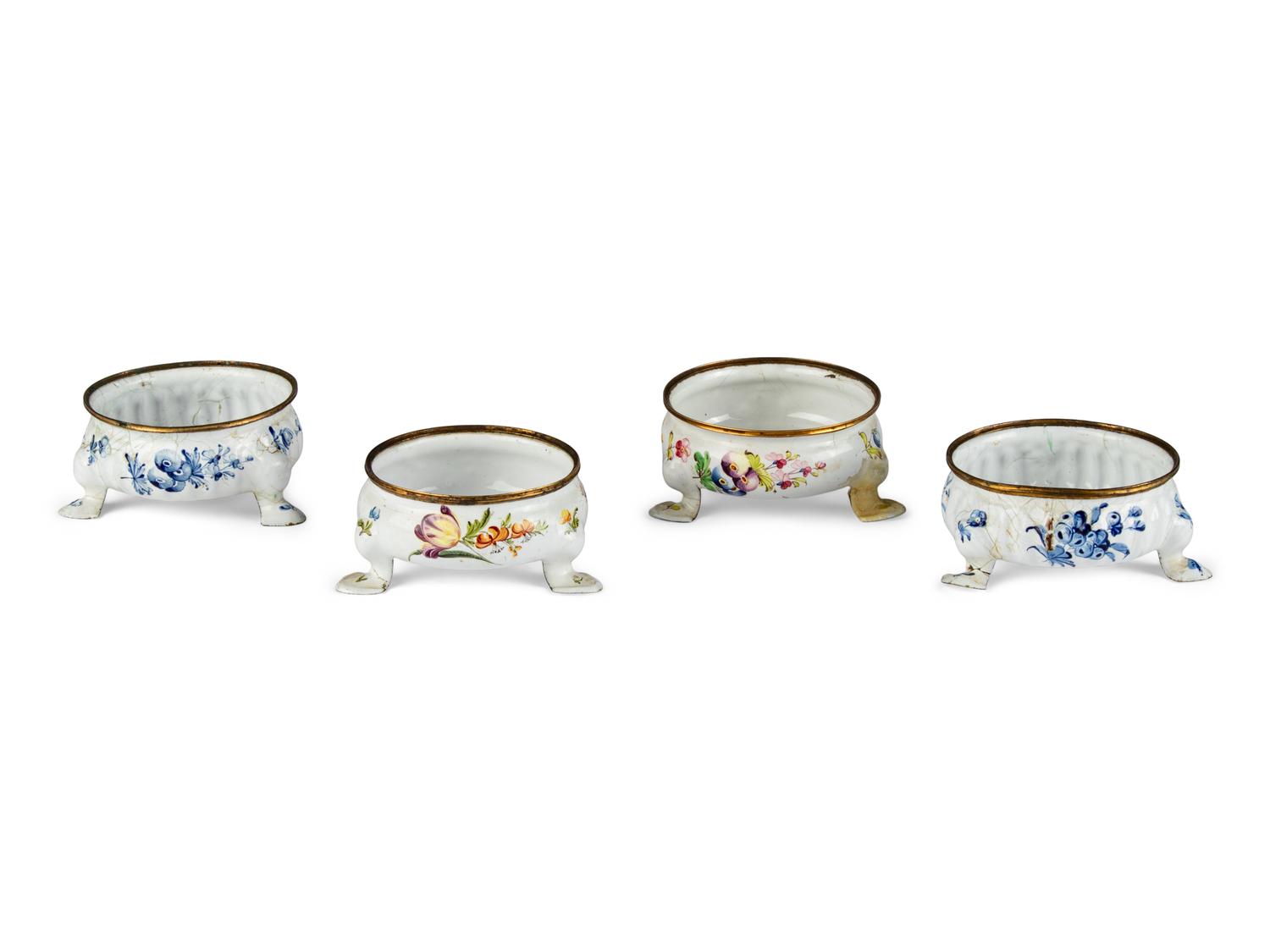 Two Pairs of Staffordshire Enamel Salt Cellars