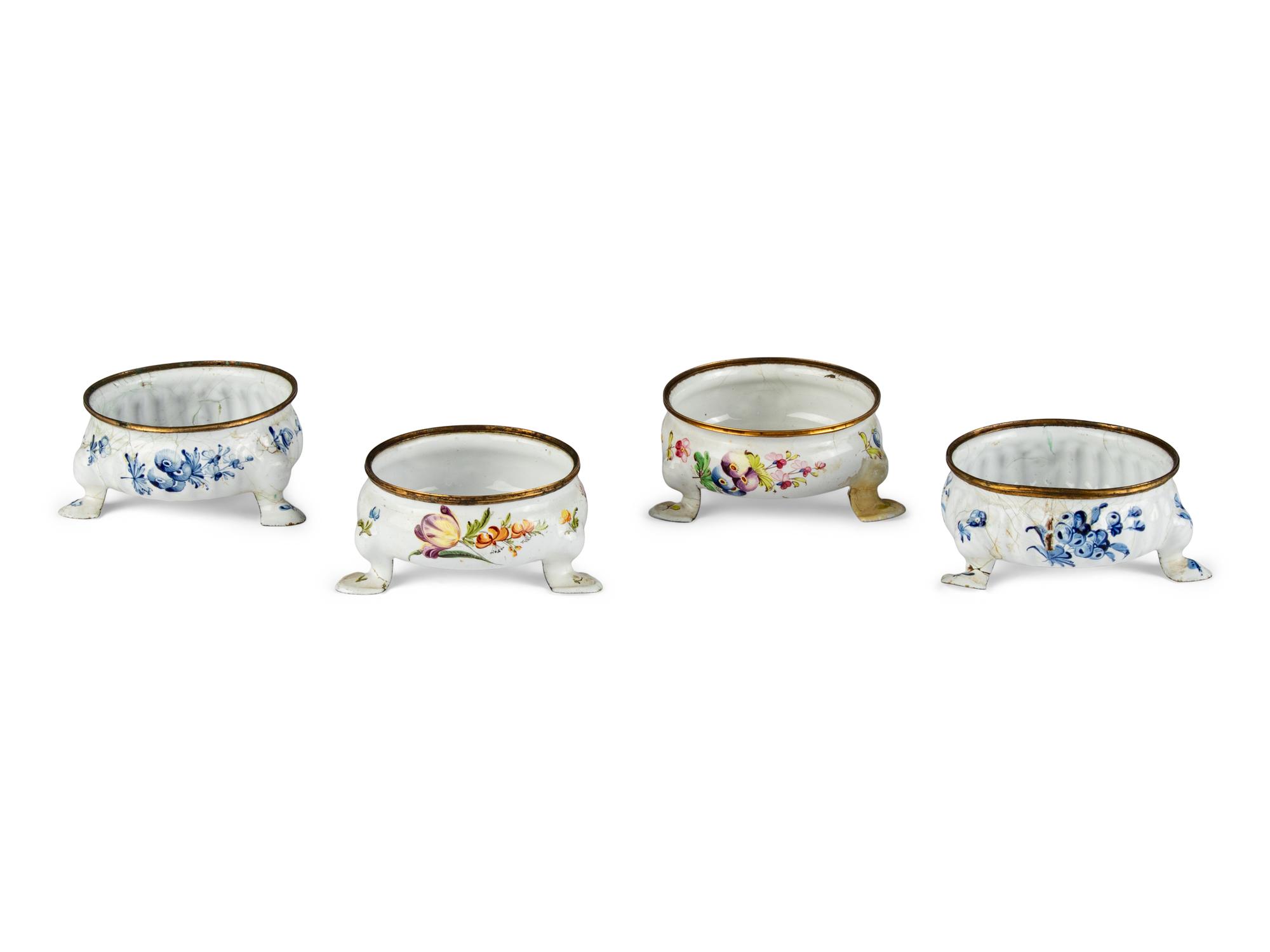 Two Pairs of Staffordshire Enamel Salt Cellars