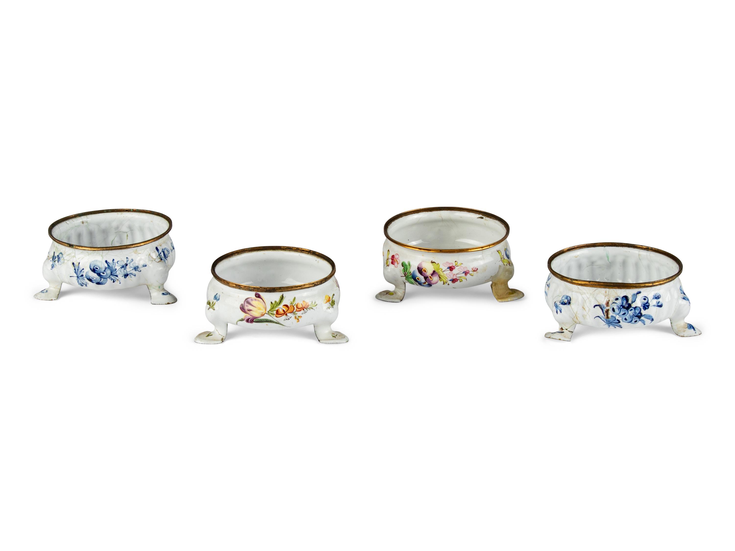 Two Pairs of Staffordshire Enamel Salt Cellars