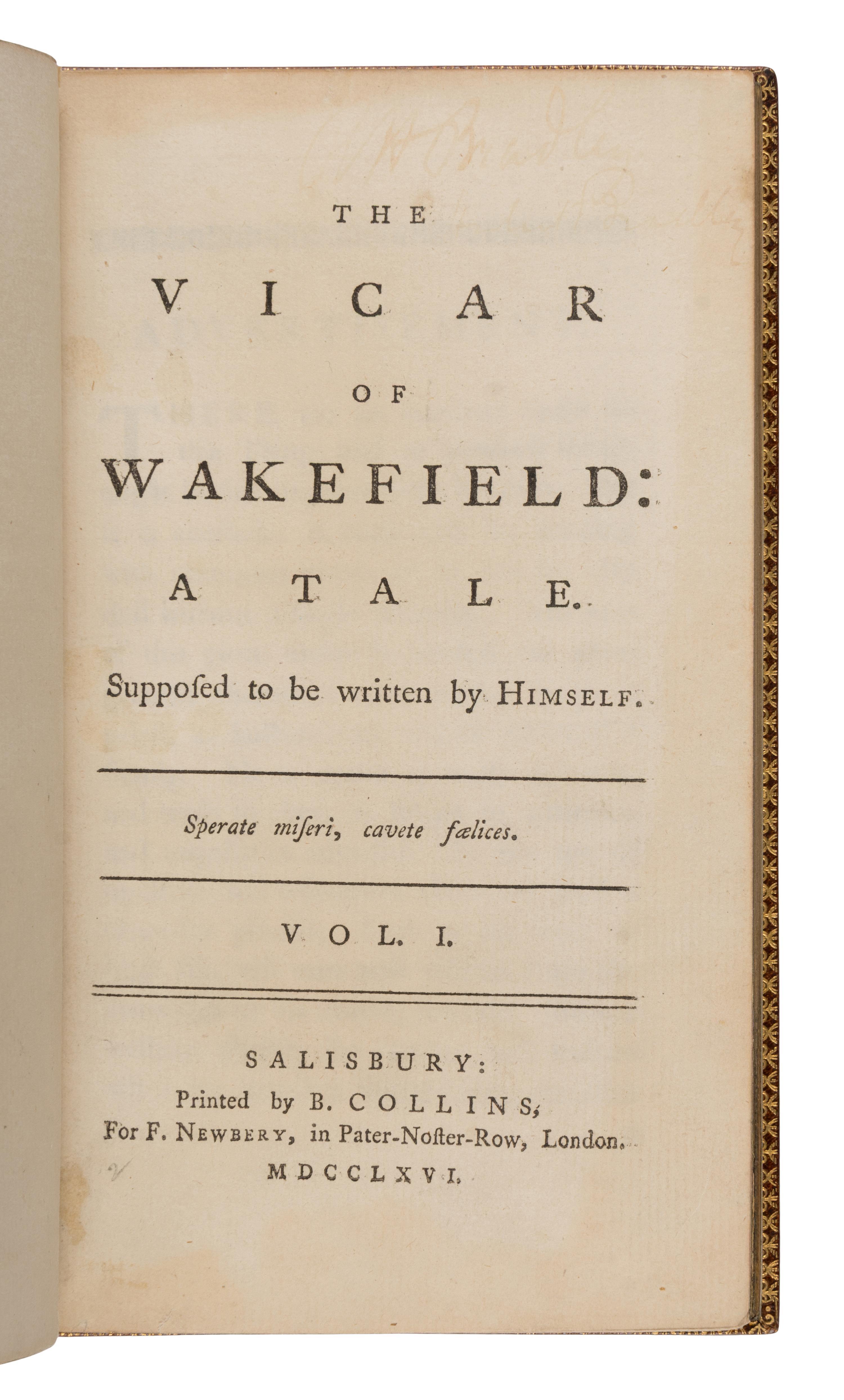 Goldsmith, Oliver (1728-1774). The Vicar of Wakefield: A Tale . Salisbury: Printed by B. Collins for F. Newbery, 1766.
