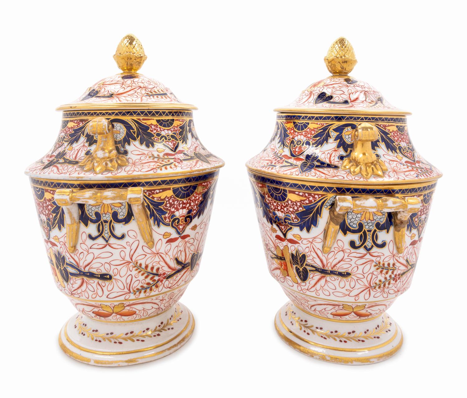 A Pair of Derby Imari-Decorated Porcelain Covered Urns