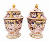A Pair of Derby Imari-Decorated Porcelain Covered Urns