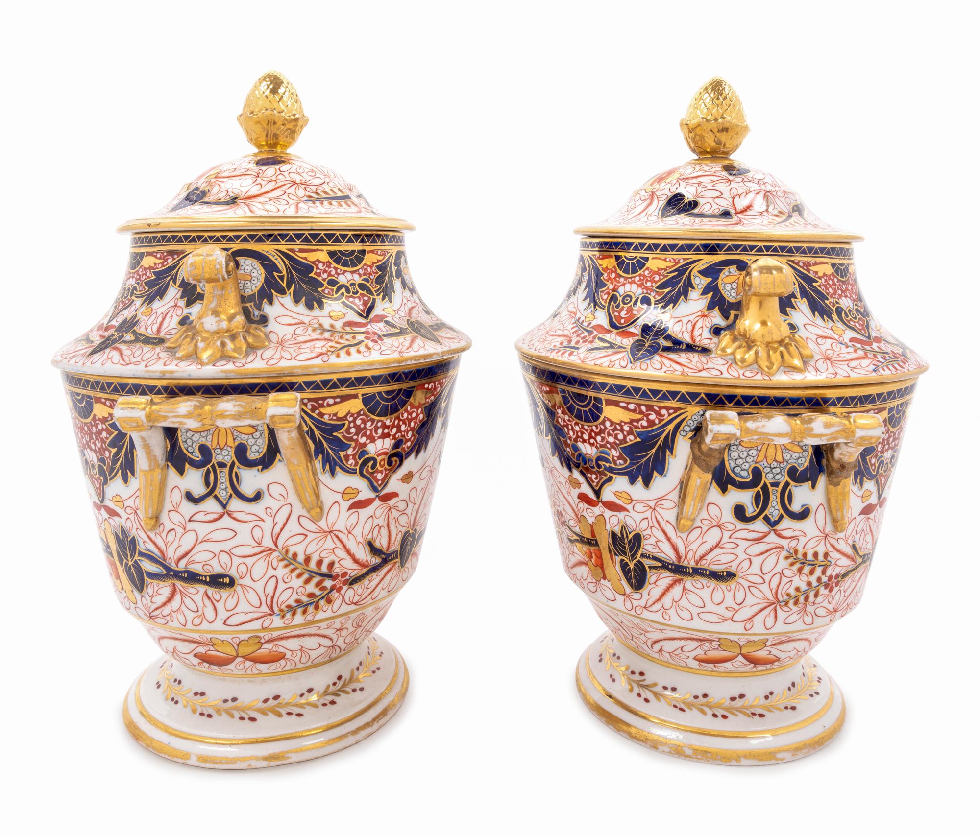 A Pair of Derby Imari-Decorated Porcelain Covered Urns